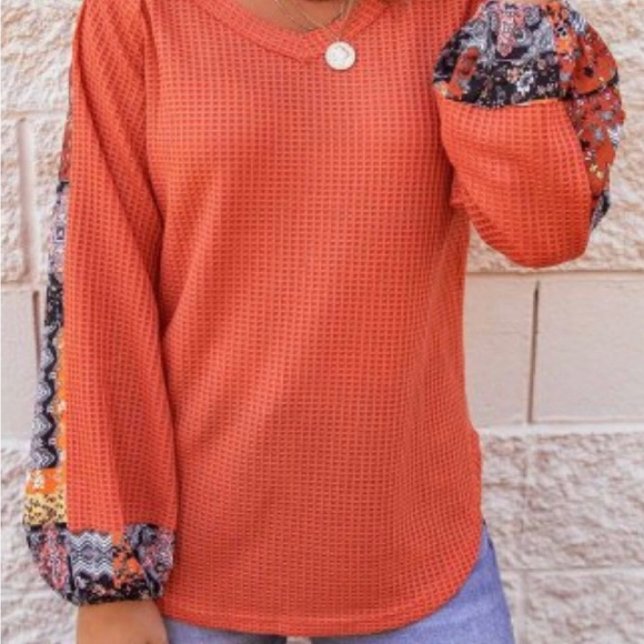 Waffle Knit Fall Boho Print Spliced Top - Picture 4 of 5
